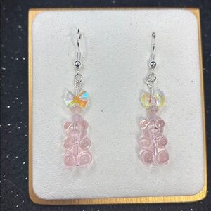 Pink Gummy Bear Dangle Earrings with Crystal Bow